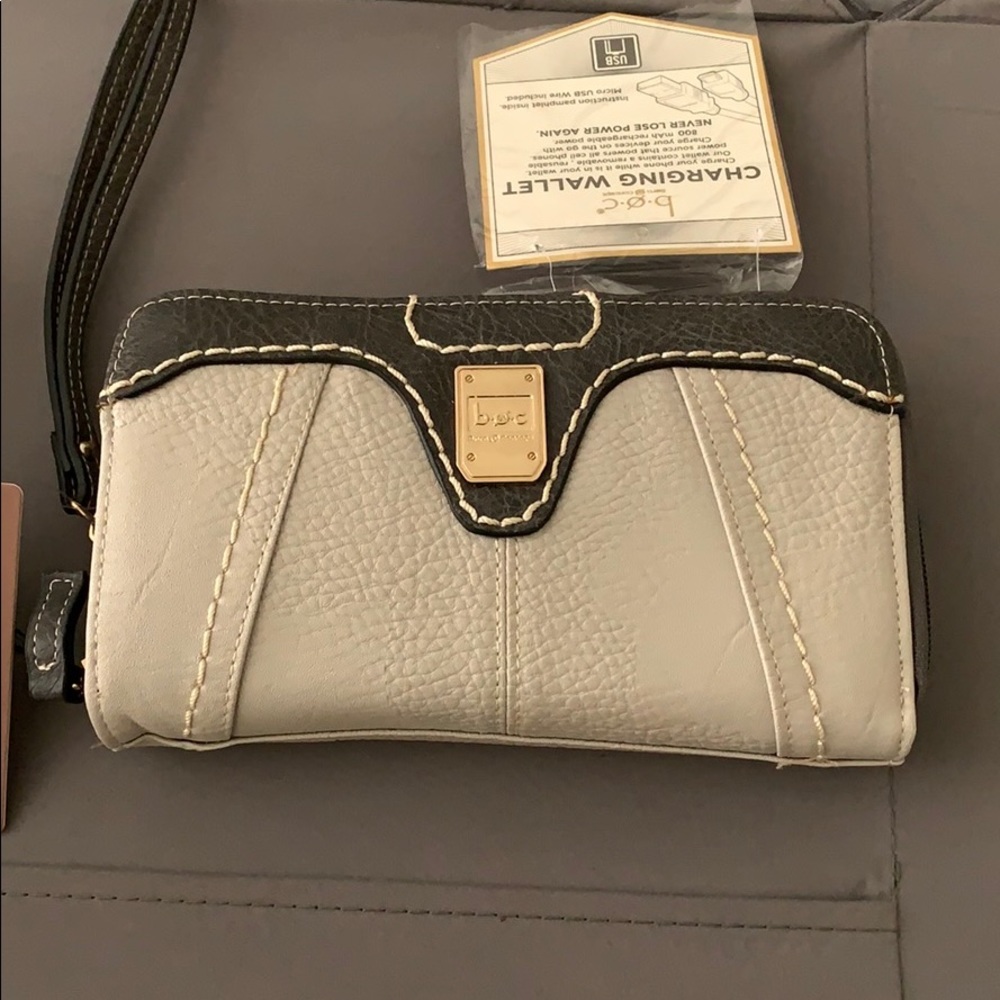 Taupe and gray charging wallet/wristlet